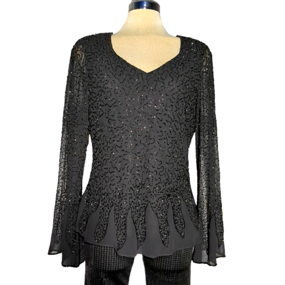 JMD New York Luxury BEADED Black Long Bell Sleeve Design Size XL